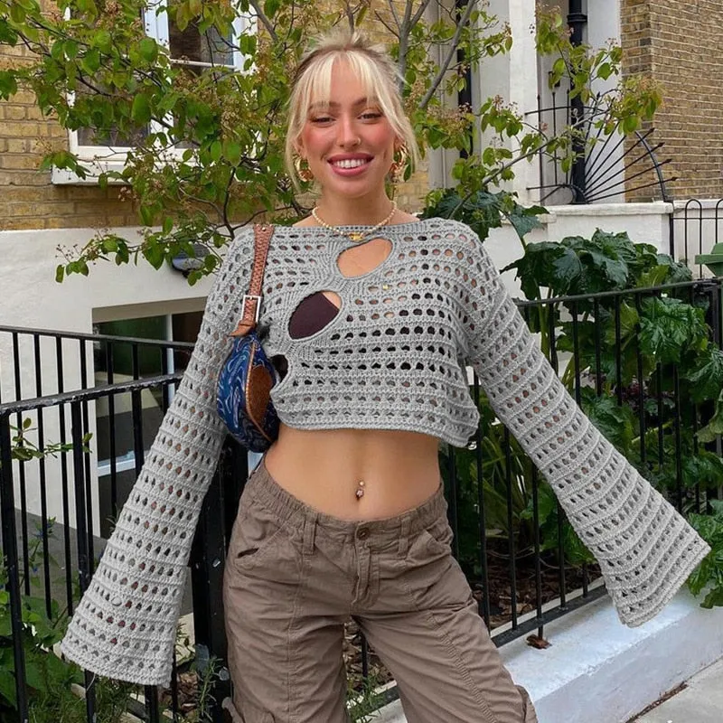 Sonicelife  Y2K Hollow Out Cropped Knit Smock Top Women Vintage Loose Distressed Crochet Pullovers Crop Tops Fairy Grunge Sweater Cover-Up