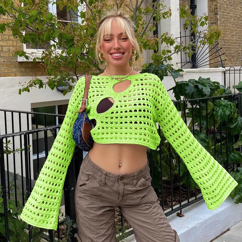 Sonicelife  Y2K Hollow Out Cropped Knit Smock Top Women Vintage Loose Distressed Crochet Pullovers Crop Tops Fairy Grunge Sweater Cover-Up