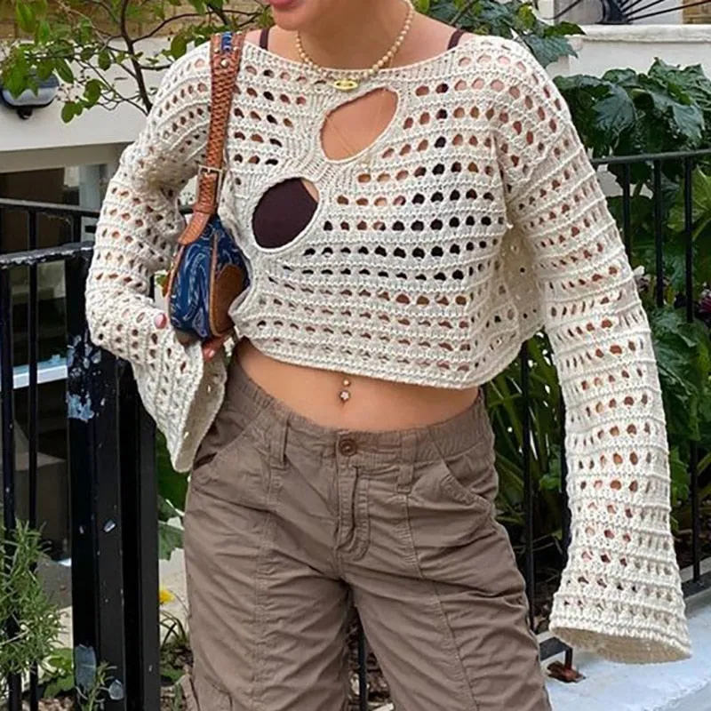 Sonicelife  Y2K Hollow Out Cropped Knit Smock Top Women Vintage Loose Distressed Crochet Pullovers Crop Tops Fairy Grunge Sweater Cover-Up