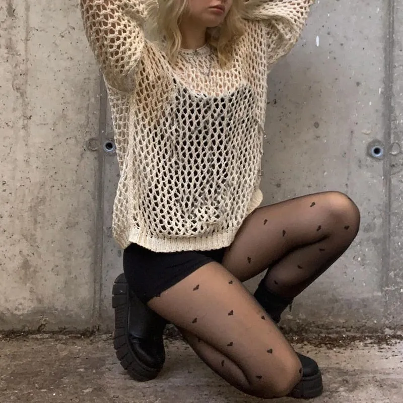 Sonicelife  Y2K Hollow Out Cropped Knit Smock Top Women Vintage Loose Distressed Crochet Pullovers Crop Tops Fairy Grunge Sweater Cover-Up