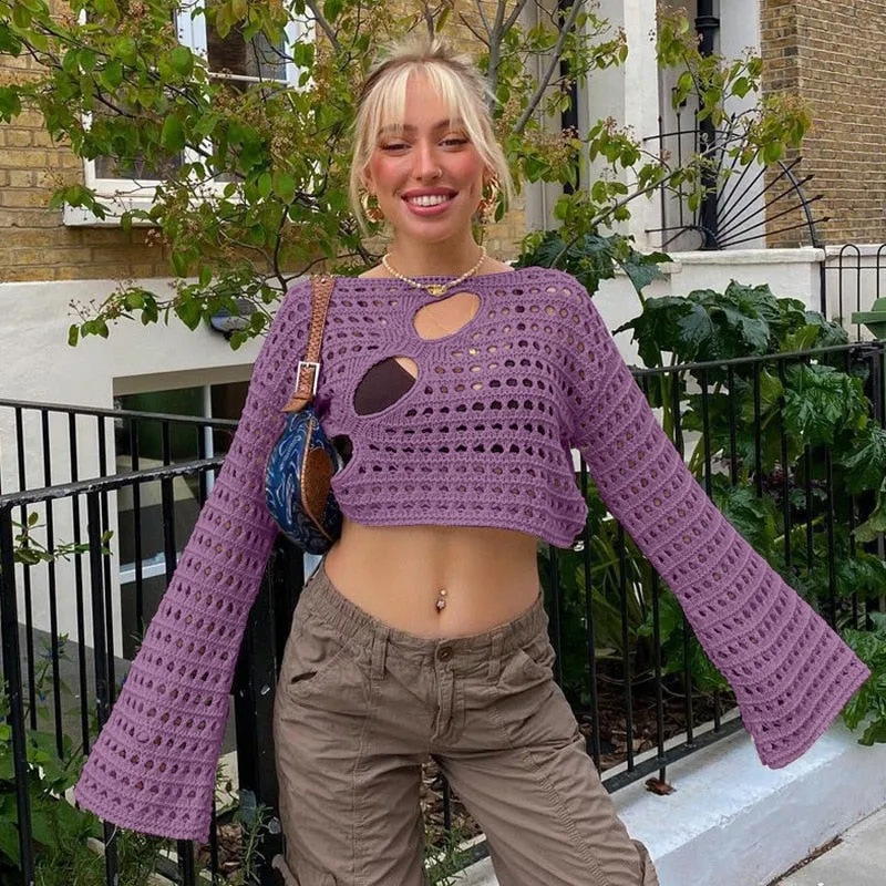 Sonicelife  Y2K Hollow Out Cropped Knit Smock Top Women Vintage Loose Distressed Crochet Pullovers Crop Tops Fairy Grunge Sweater Cover-Up