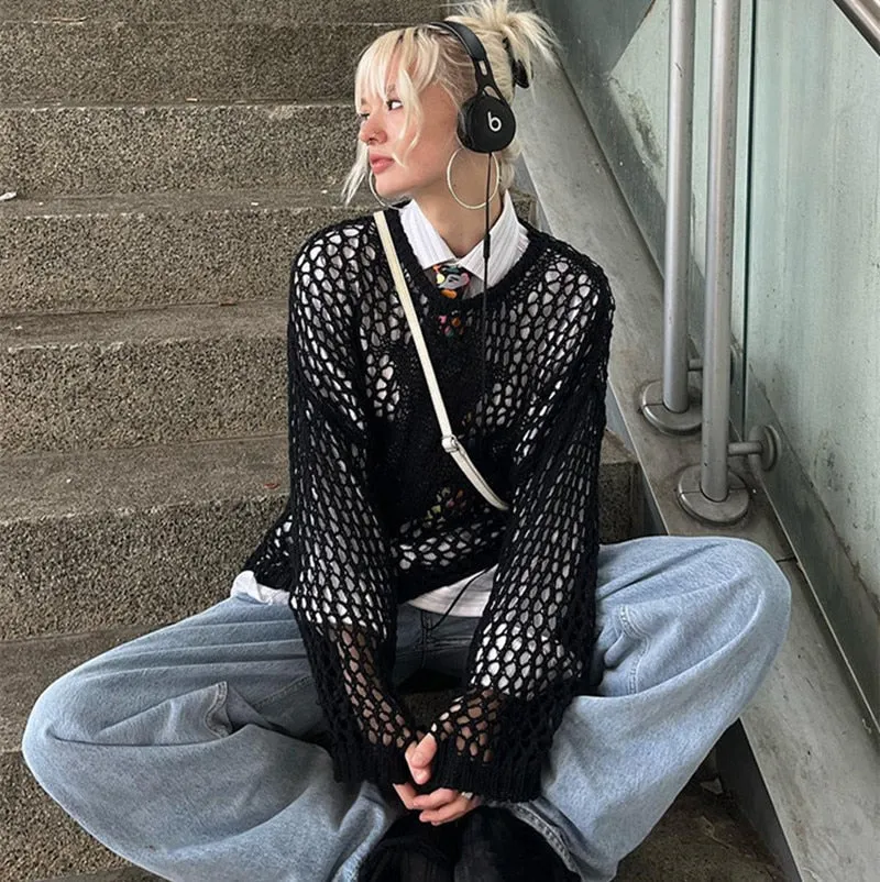 Sonicelife  Y2K Hollow Out Cropped Knit Smock Top Women Vintage Loose Distressed Crochet Pullovers Crop Tops Fairy Grunge Sweater Cover-Up