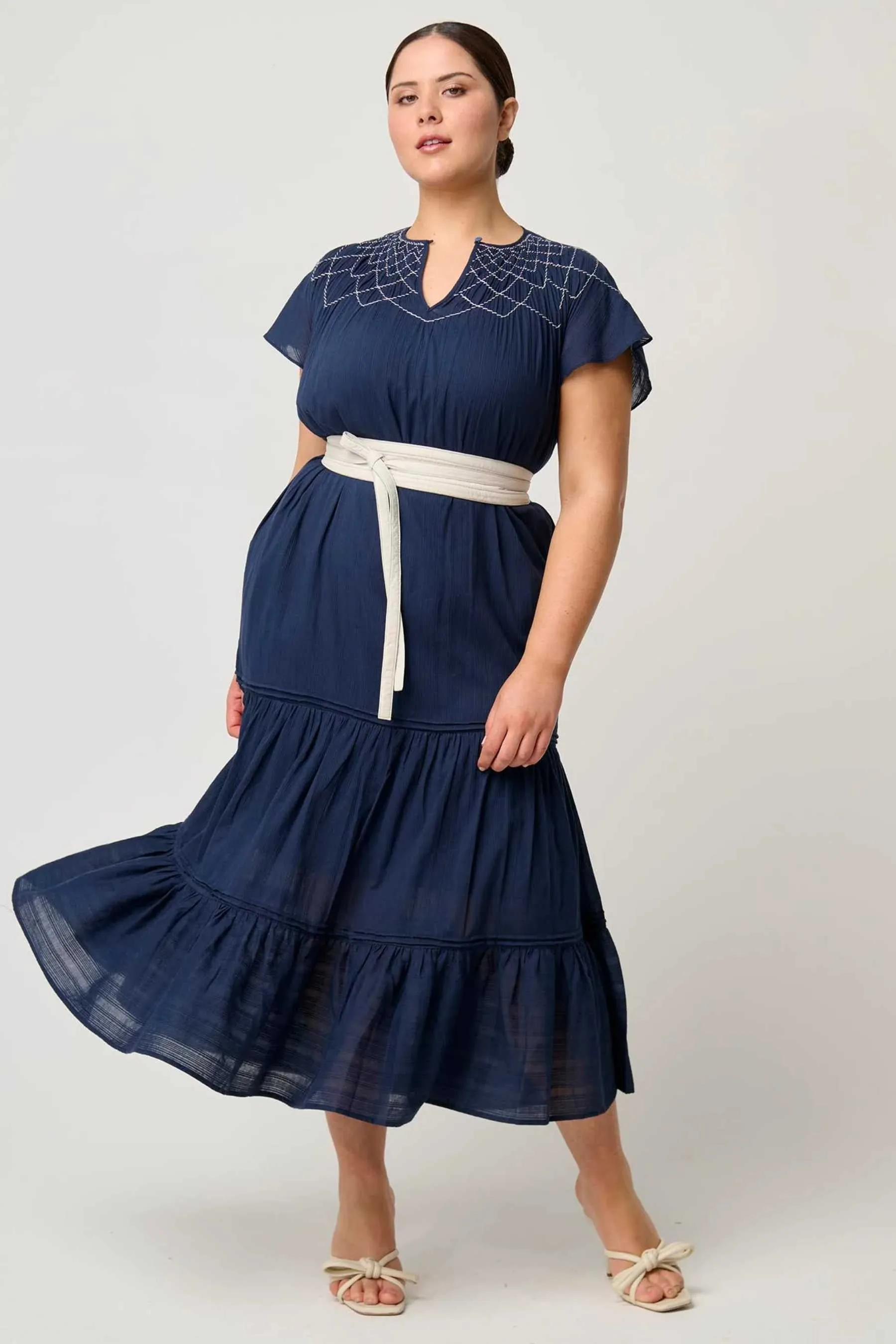 St Lucia Smocked Flutter Sleeve Maxi | Ink