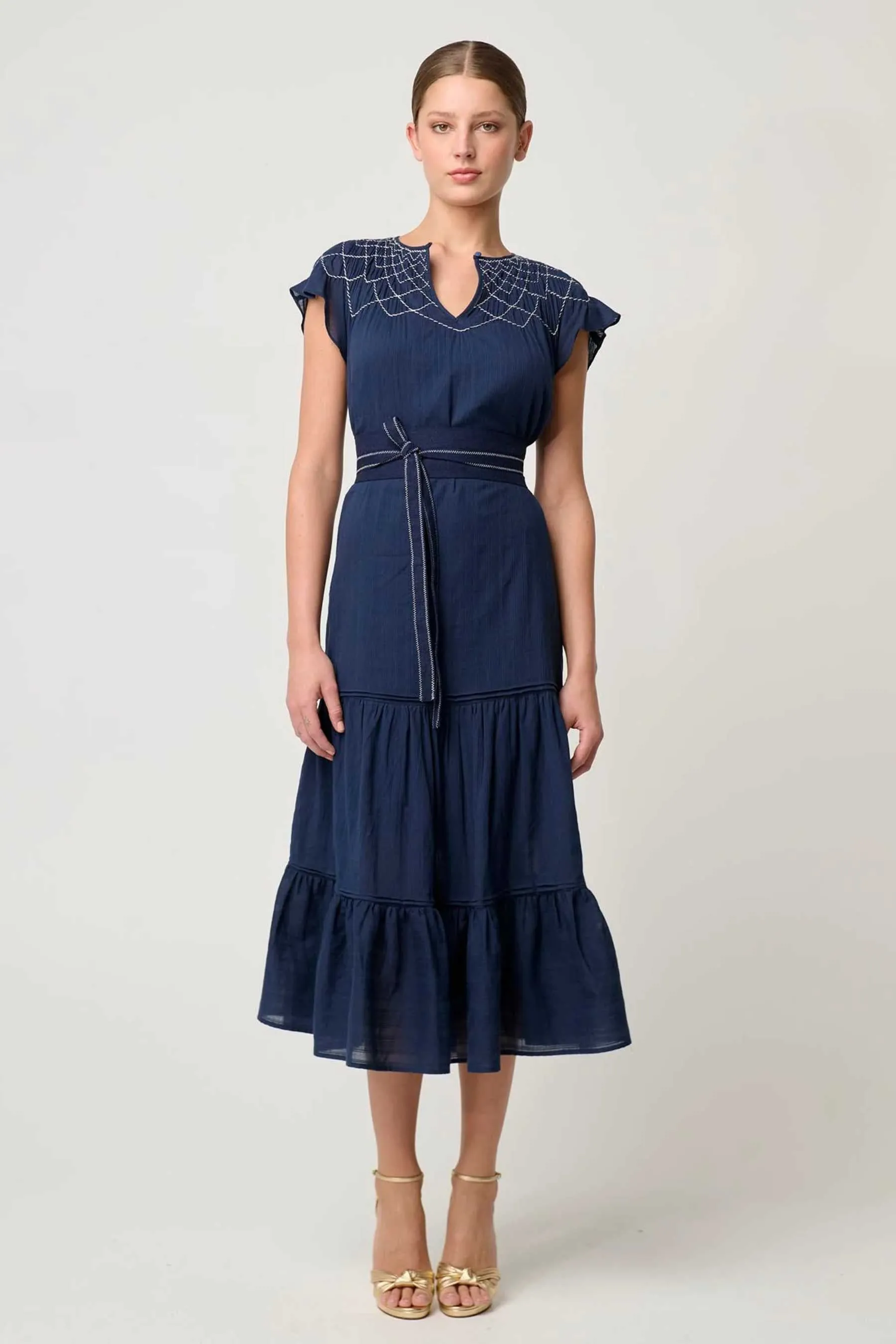St Lucia Smocked Flutter Sleeve Maxi | Ink