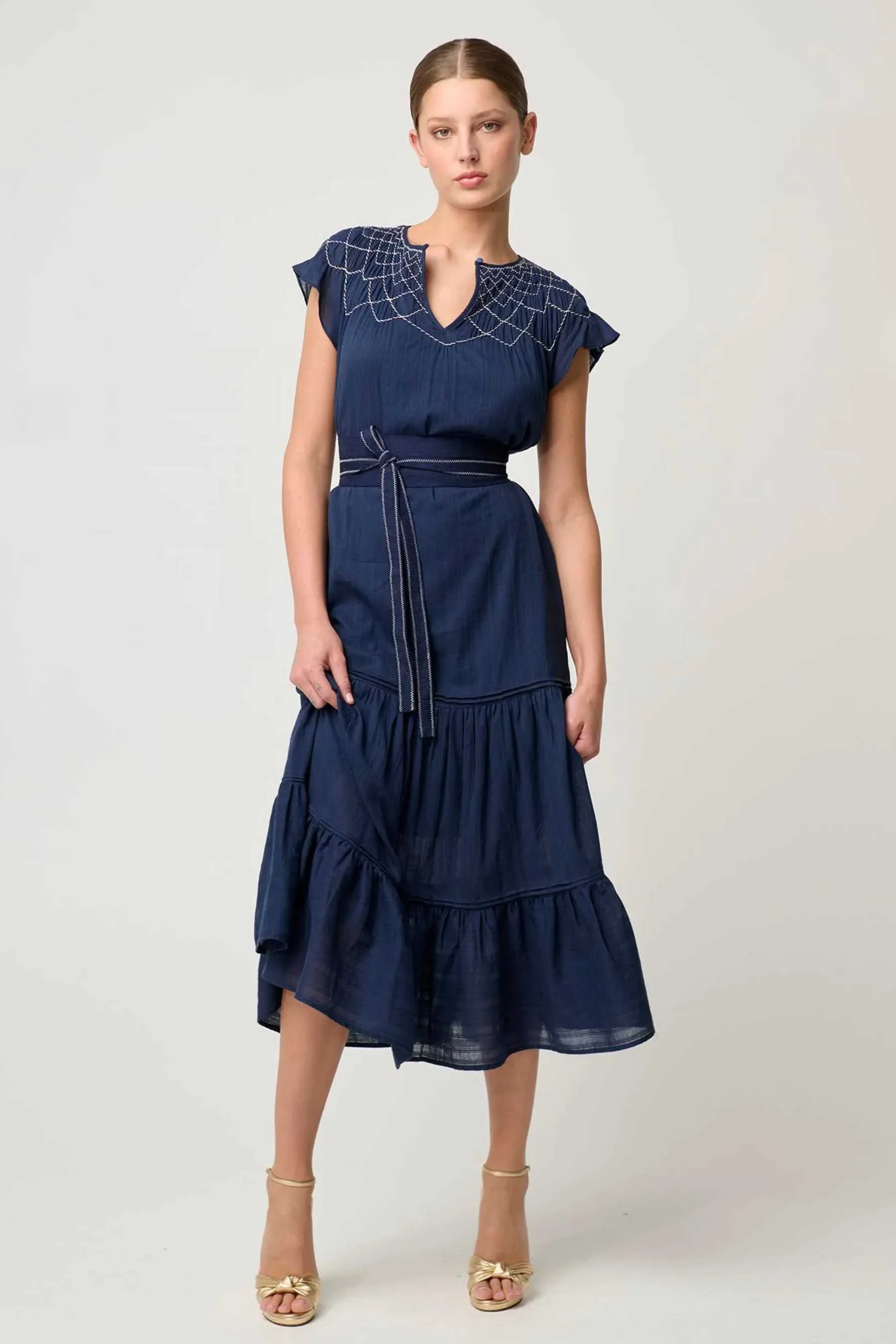 St Lucia Smocked Flutter Sleeve Maxi | Ink