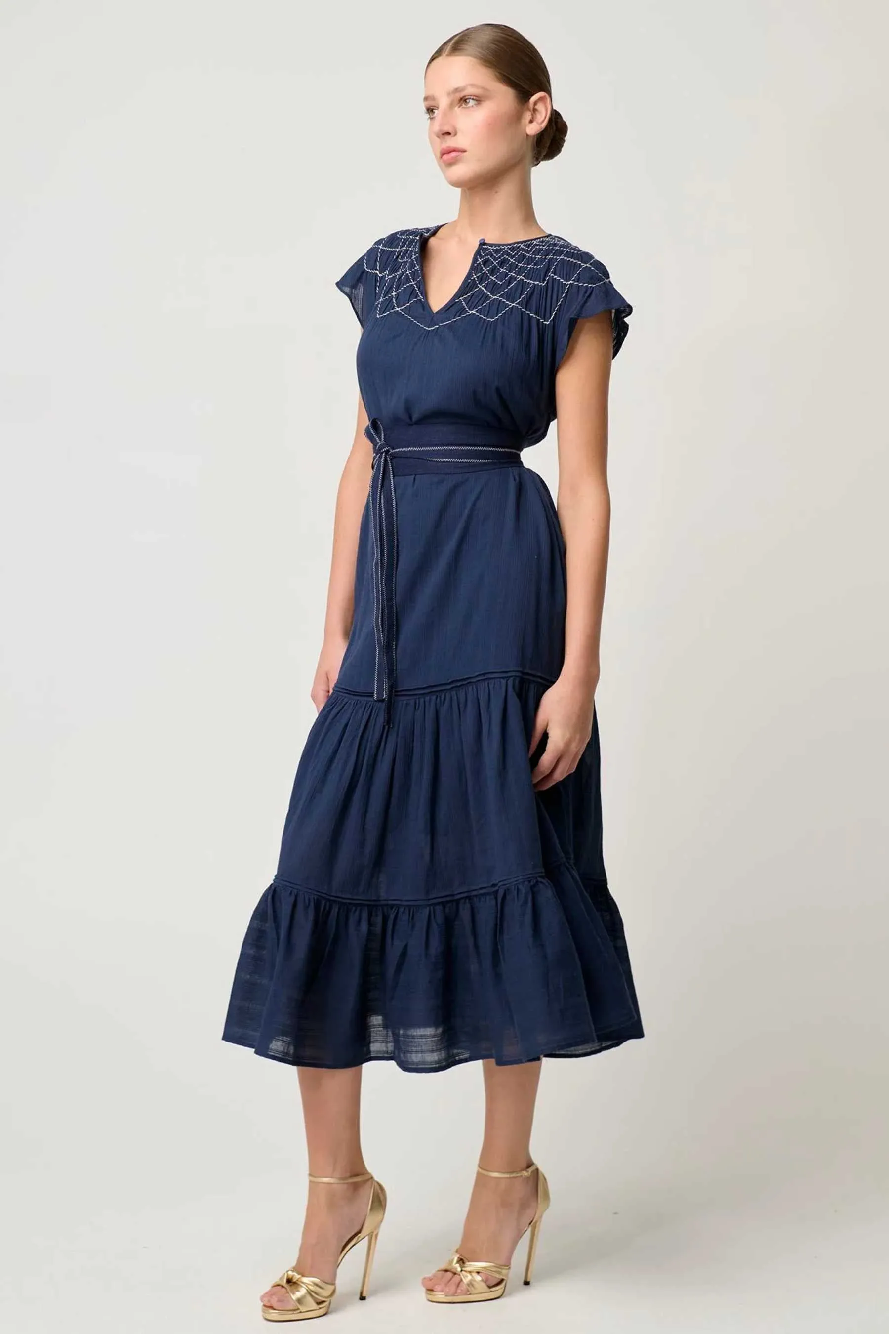 St Lucia Smocked Flutter Sleeve Maxi | Ink