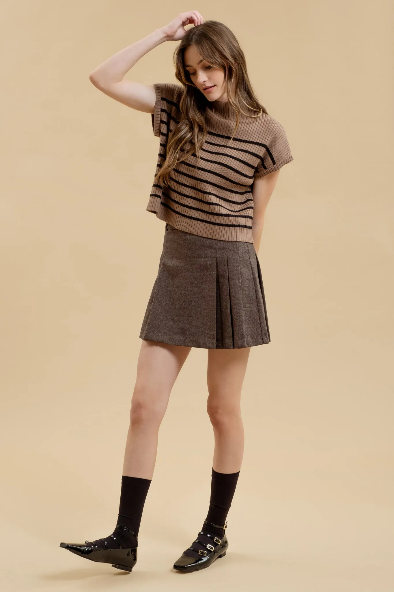 STRIPE FUNNEL NECK DROP SHOULDER SWEATER KNIT TOP