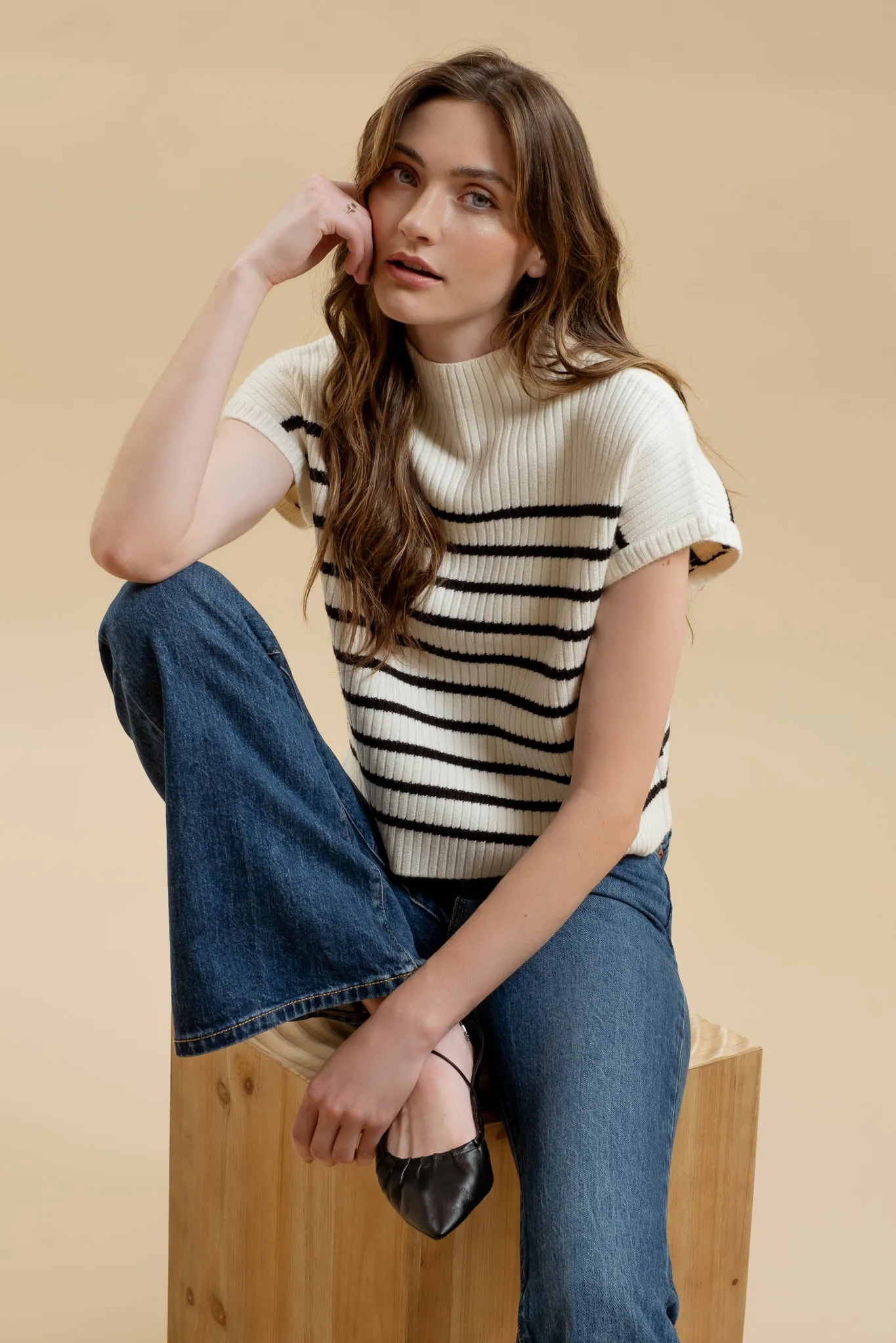 STRIPE FUNNEL NECK DROP SHOULDER SWEATER KNIT TOP