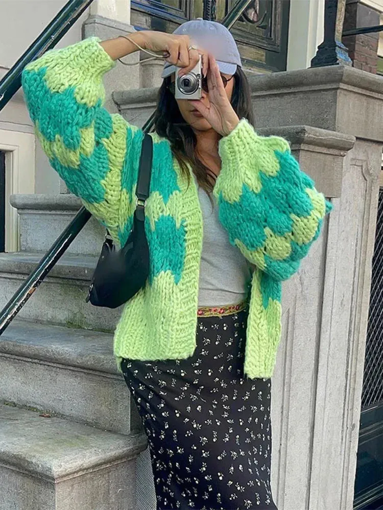 TAVIMART  -  Color Blocking Knitted Cardigan For Women Casual Loose Long Sleeve Crop Sweater Female Streetwear Fashion Autumn Winter