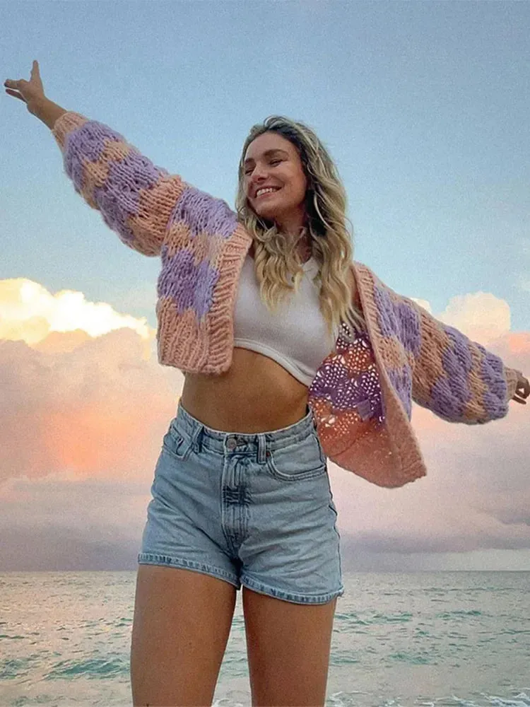TAVIMART  -  Color Blocking Knitted Cardigan For Women Casual Loose Long Sleeve Crop Sweater Female Streetwear Fashion Autumn Winter