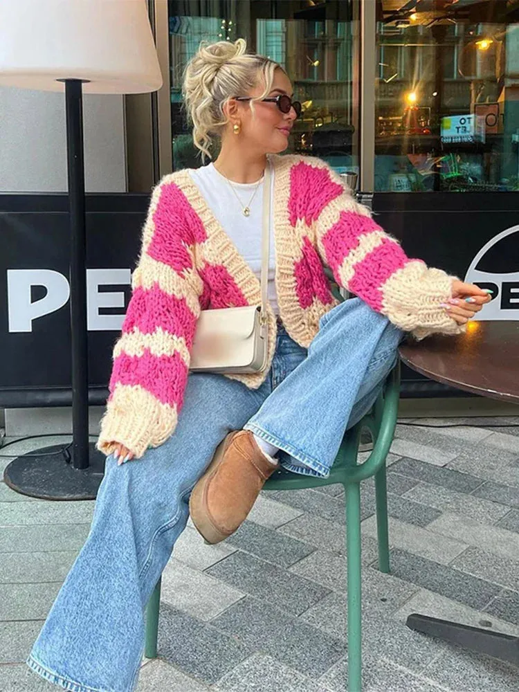 TAVIMART  -  Color Blocking Knitted Cardigan For Women Casual Loose Long Sleeve Crop Sweater Female Streetwear Fashion Autumn Winter
