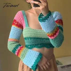 Tavimart Y2K Crochet Knit Crop Top Color Block Squared Neck Flared Sleeve Sweater Cottage Core Aesthetic Outfit