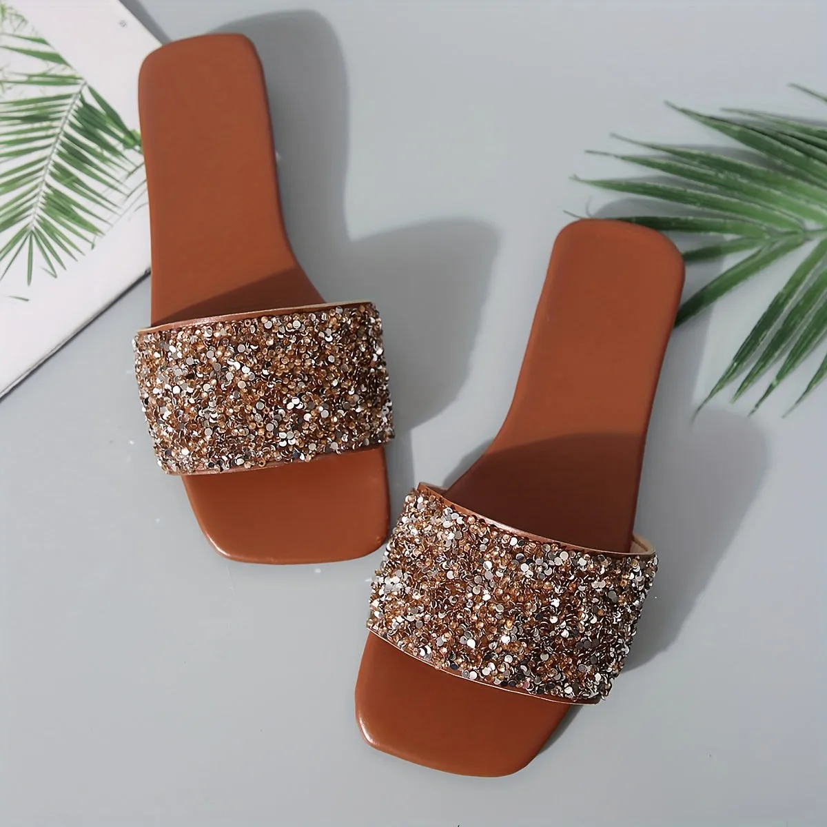 Vibrant Sequin Embellished Square Toe Flat Slides for Women - Stylish, Fashionable, and Comfortable Open-Toe Summer Shoes for Beach, Outdoor, and Casual Occasions - Perfect for Warm Weather, Vacation, and Relaxation