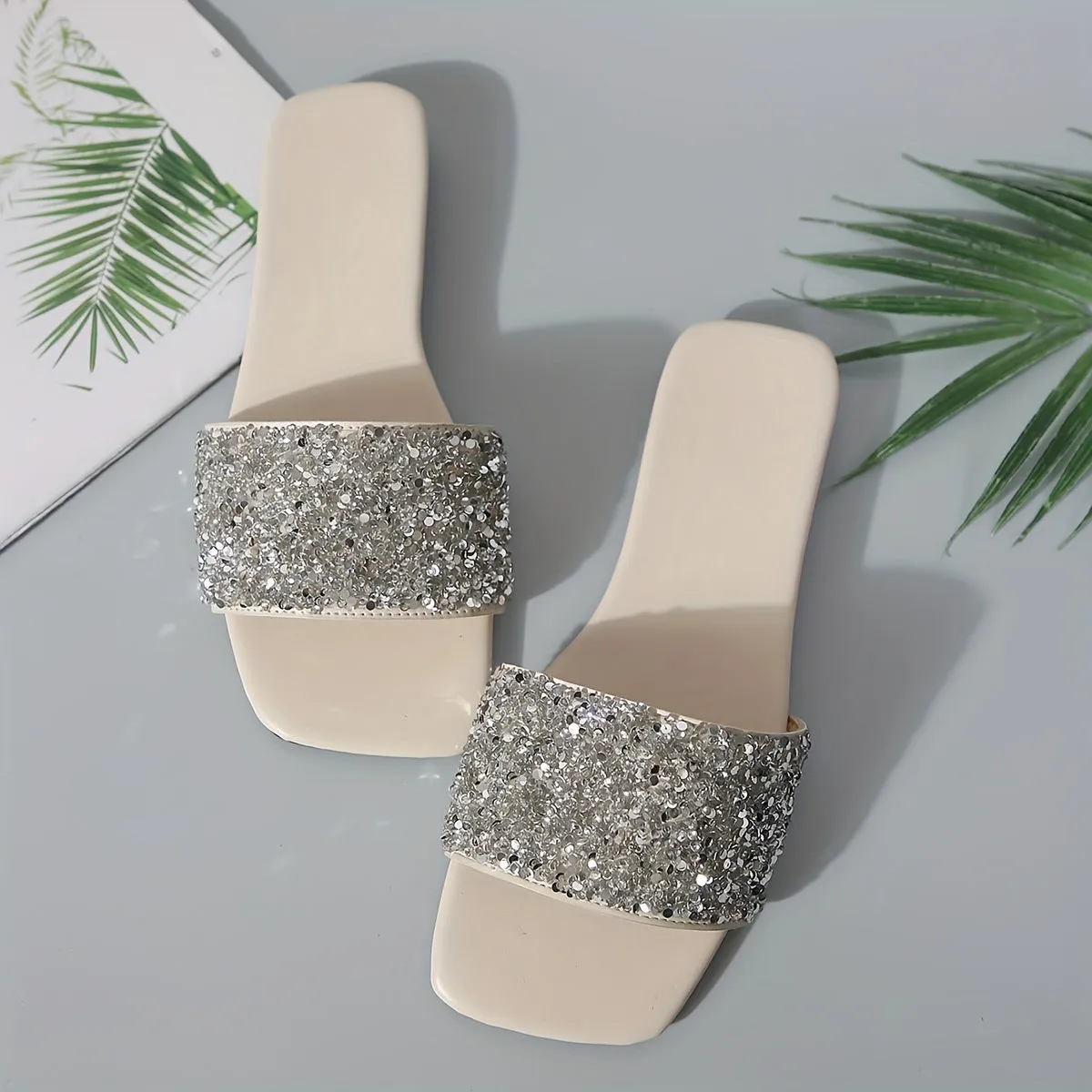 Vibrant Sequin Embellished Square Toe Flat Slides for Women - Stylish, Fashionable, and Comfortable Open-Toe Summer Shoes for Beach, Outdoor, and Casual Occasions - Perfect for Warm Weather, Vacation, and Relaxation