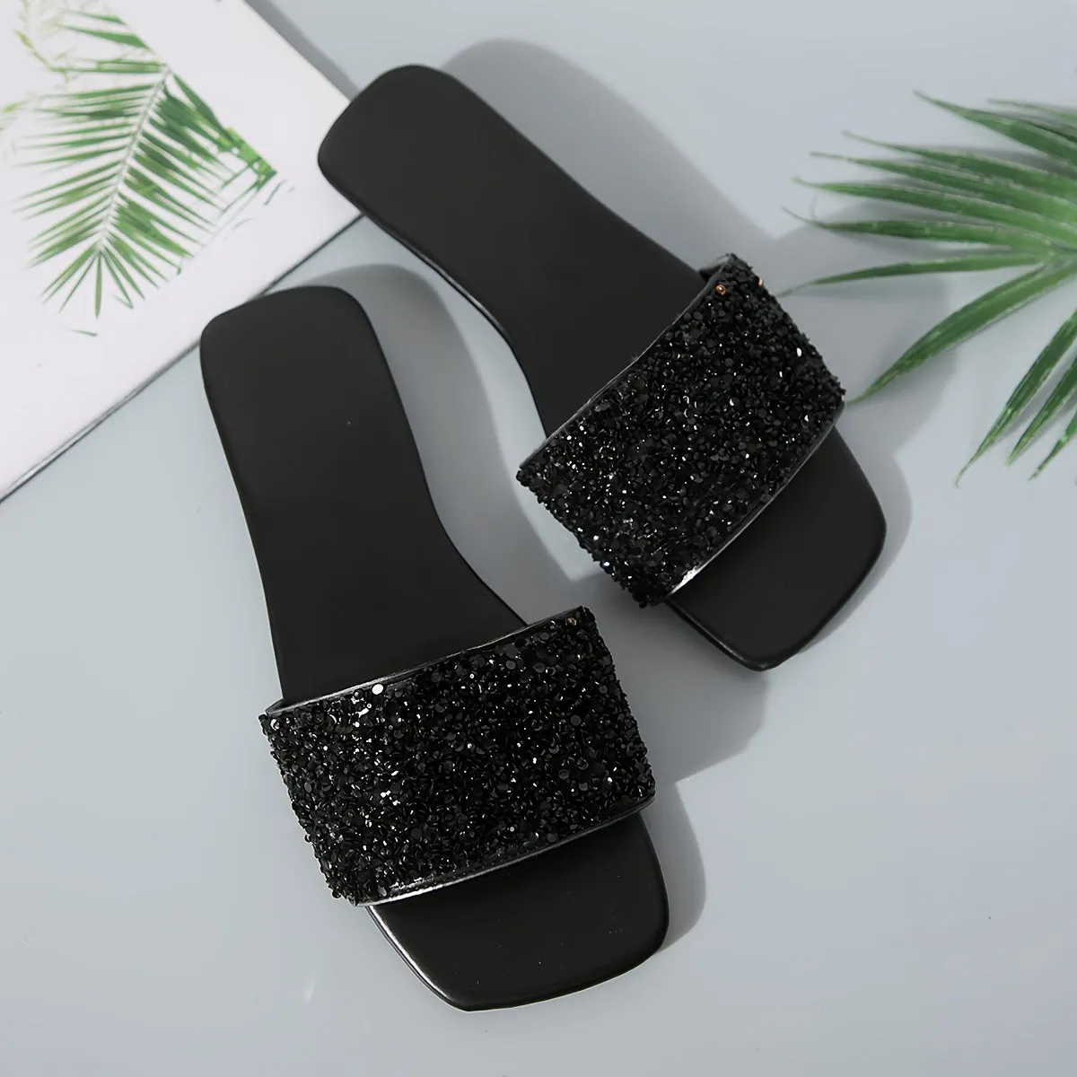 Vibrant Sequin Embellished Square Toe Flat Slides for Women - Stylish, Fashionable, and Comfortable Open-Toe Summer Shoes for Beach, Outdoor, and Casual Occasions - Perfect for Warm Weather, Vacation, and Relaxation