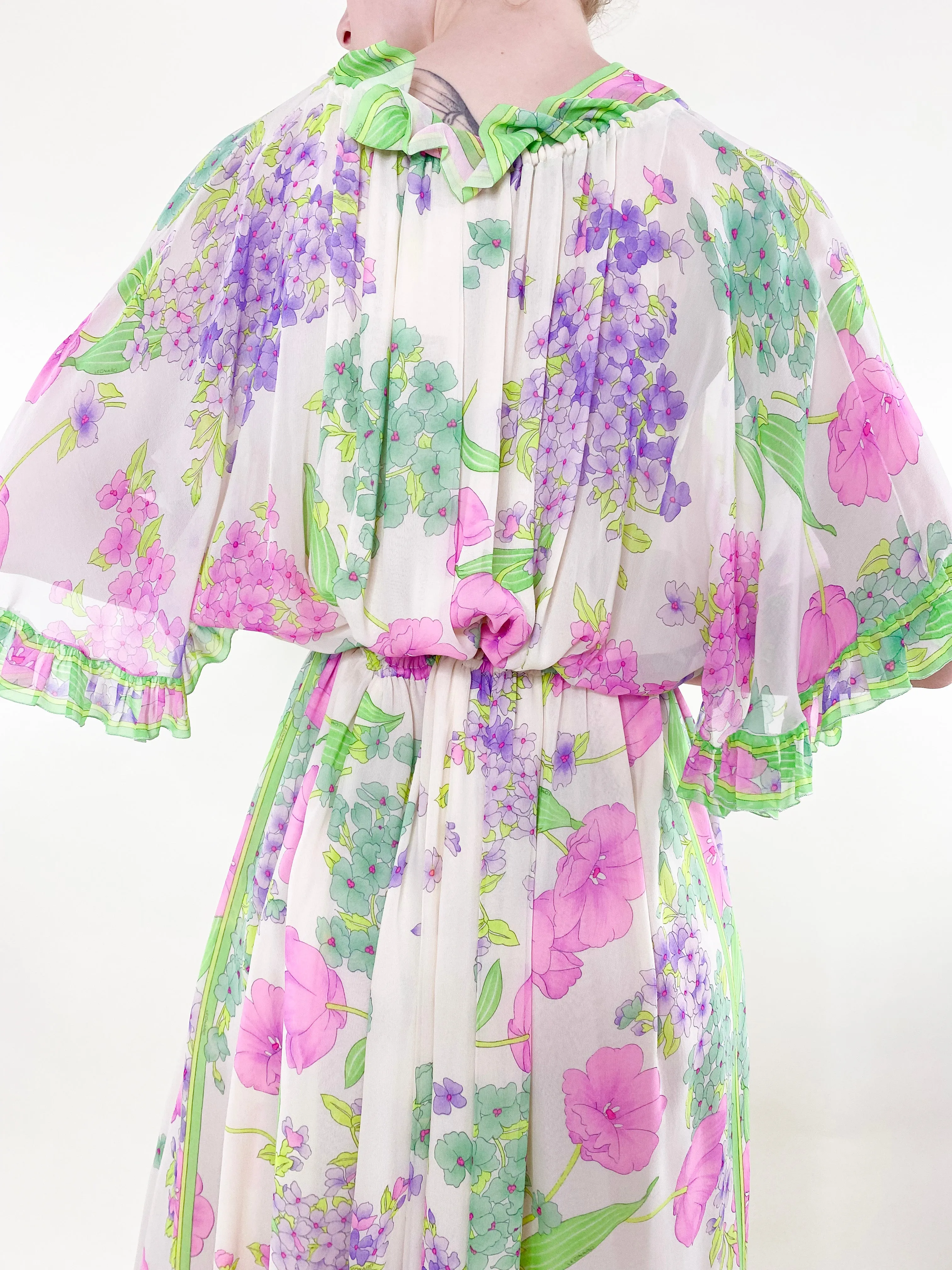 Vintage Leonard Silk Chiffon Ruffled Floral Dress