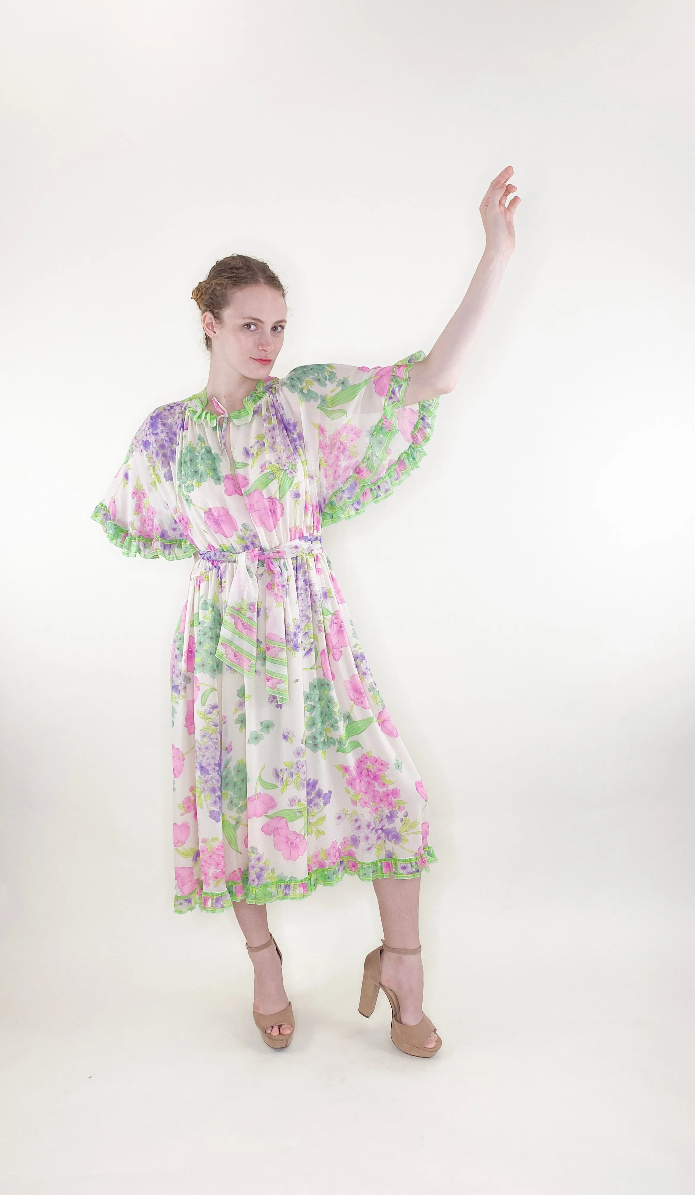 Vintage Leonard Silk Chiffon Ruffled Floral Dress