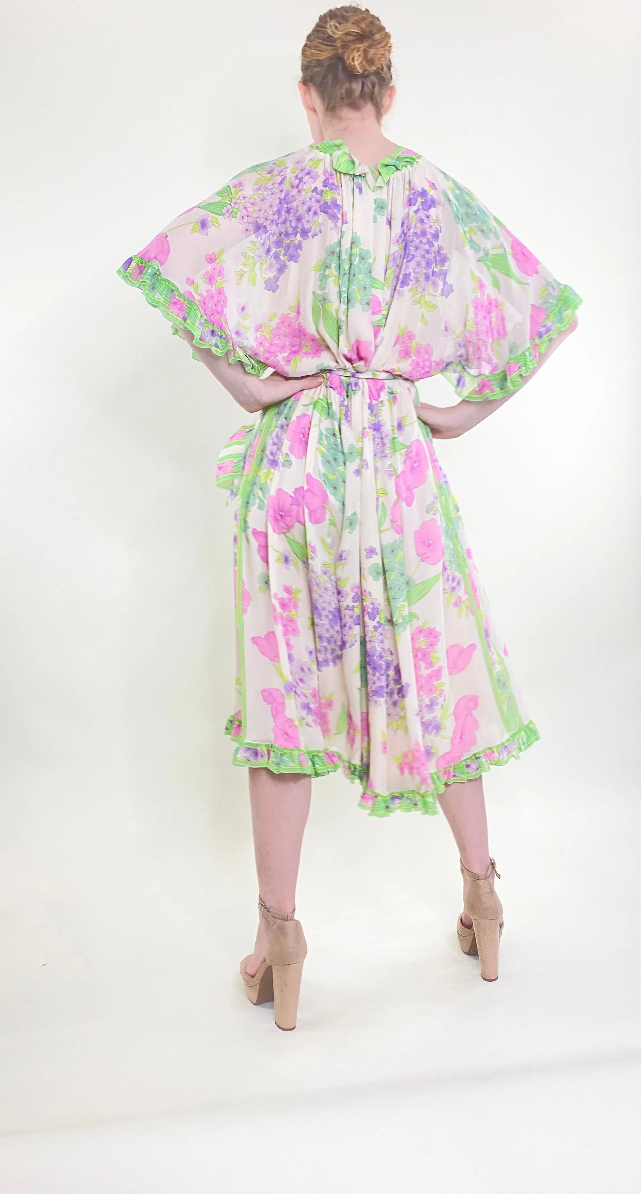 Vintage Leonard Silk Chiffon Ruffled Floral Dress
