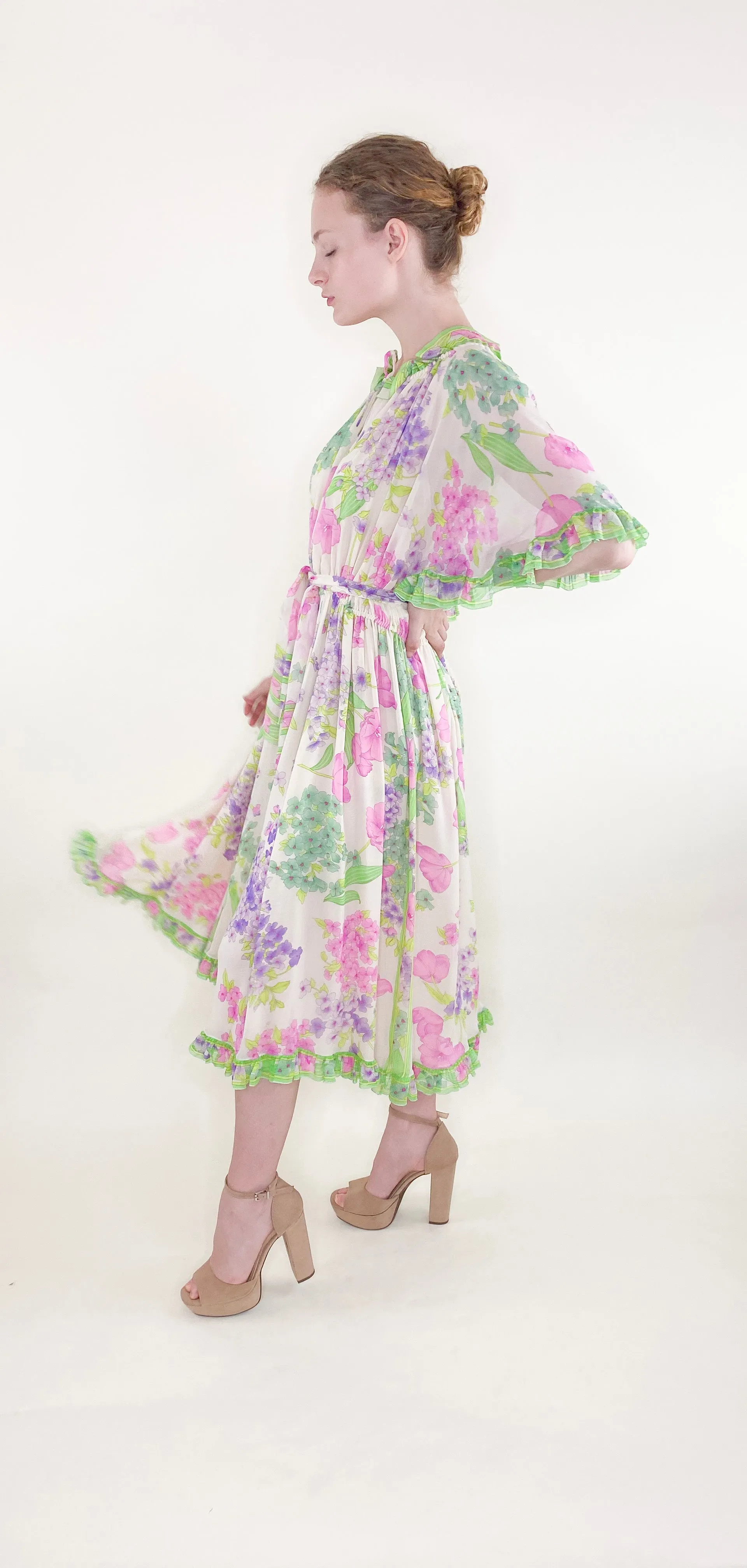 Vintage Leonard Silk Chiffon Ruffled Floral Dress