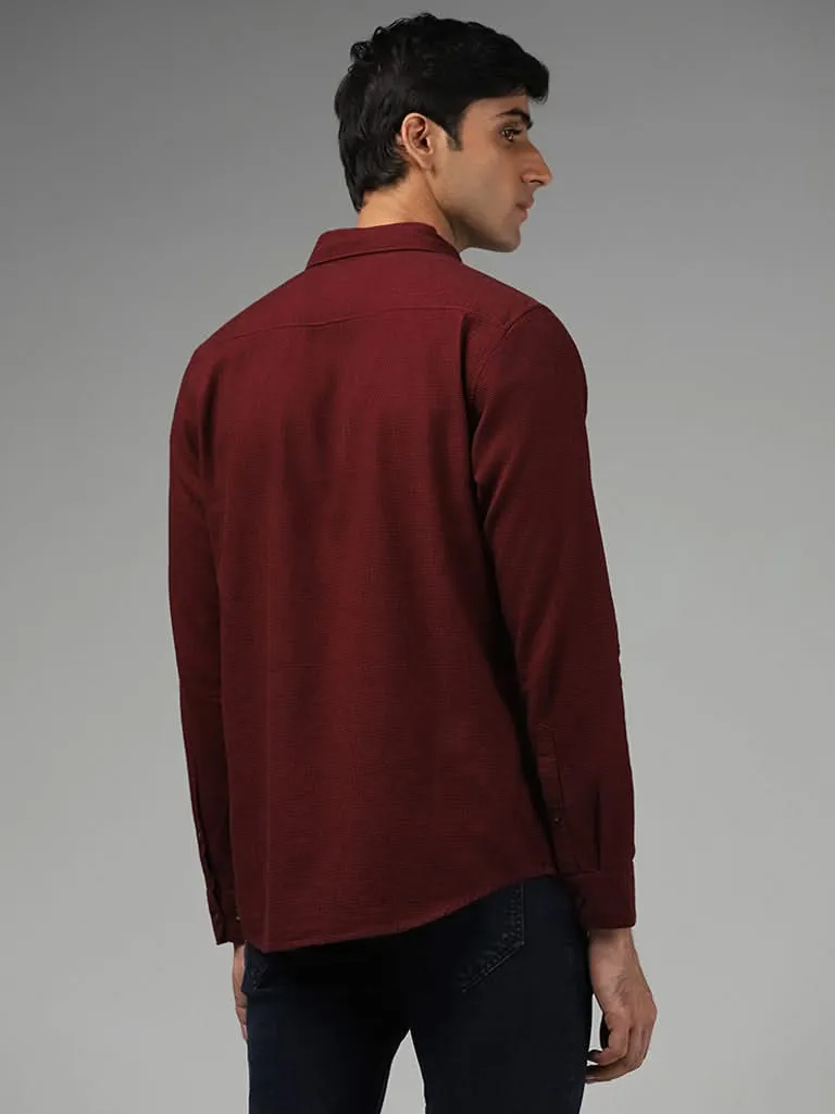 WES Casuals Wine Pin Checked Cotton Slim-Fit Shirt