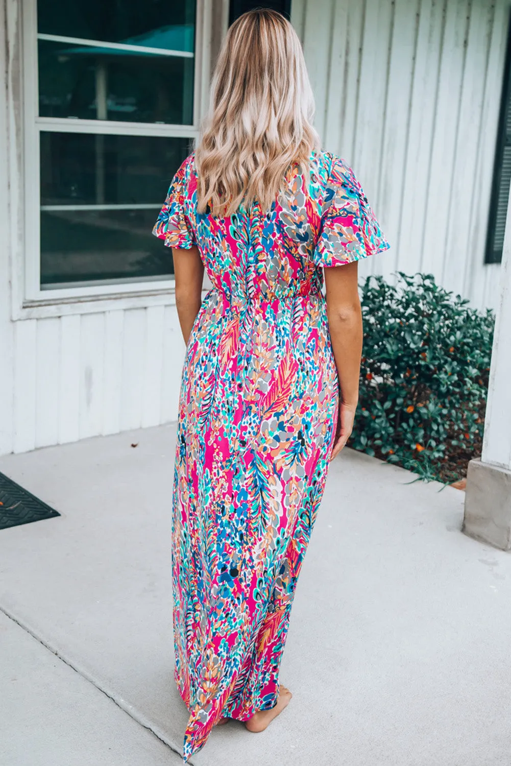 Wholesale Rose Boho Abstract Print V Neck Short Sleeve Maxi Wrap Dress