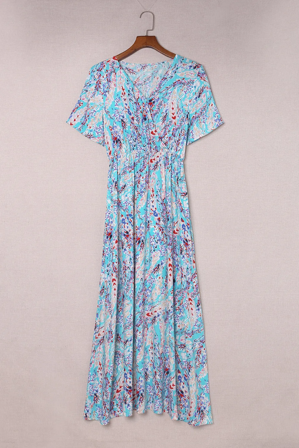 Wholesale Rose Boho Abstract Print V Neck Short Sleeve Maxi Wrap Dress