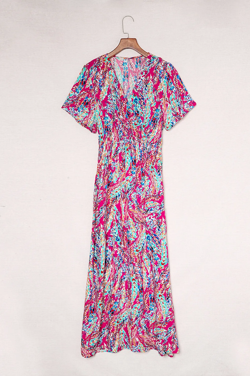 Wholesale Rose Boho Abstract Print V Neck Short Sleeve Maxi Wrap Dress