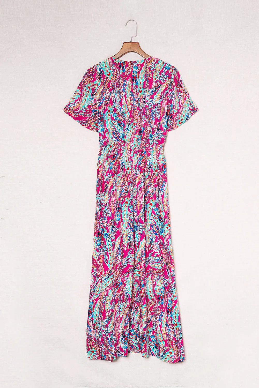 Wholesale Rose Boho Abstract Print V Neck Short Sleeve Maxi Wrap Dress