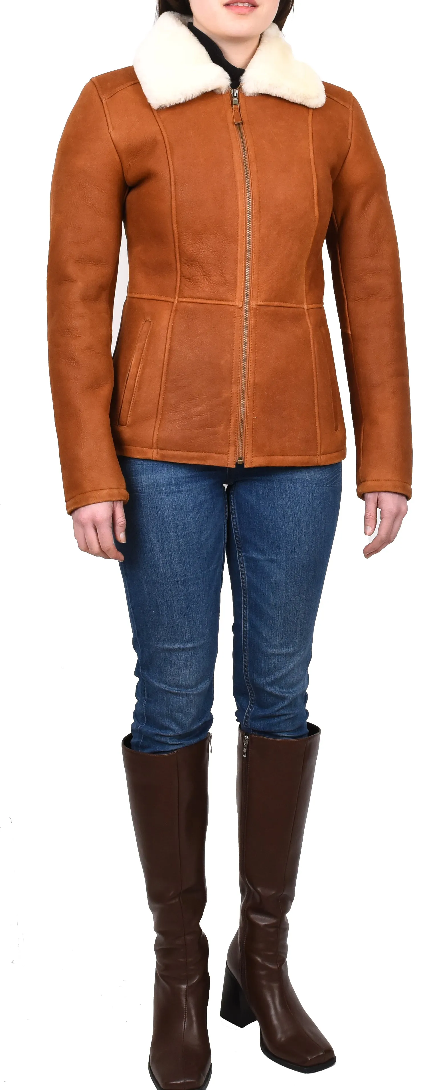 Women's Real Sheepskin Shearling Jacket Classic Design Whiskey Eula
