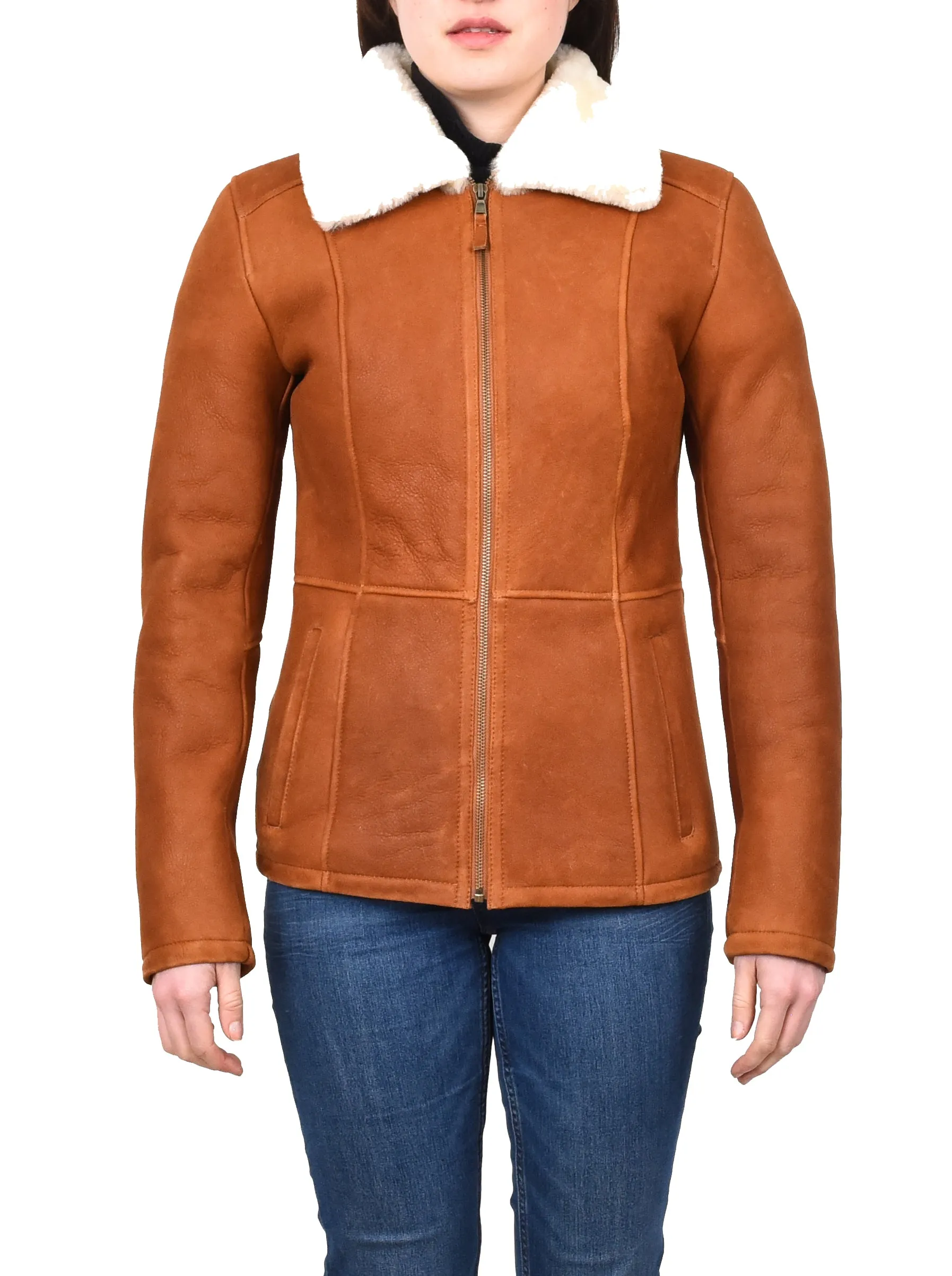 Women's Real Sheepskin Shearling Jacket Classic Design Whiskey Eula