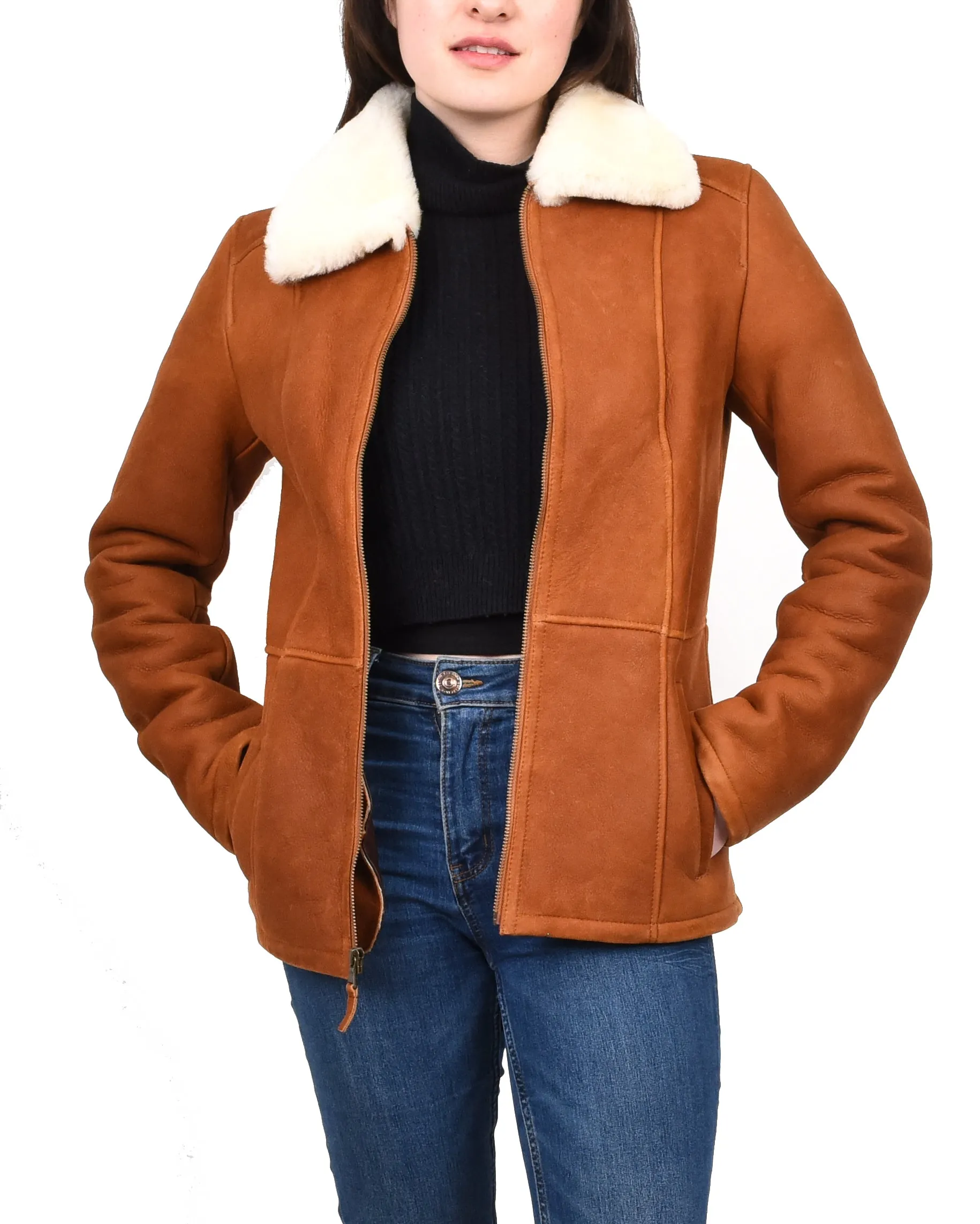 Women's Real Sheepskin Shearling Jacket Classic Design Whiskey Eula