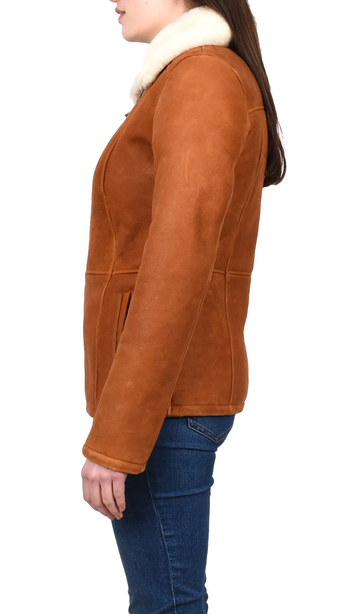 Women's Real Sheepskin Shearling Jacket Classic Design Whiskey Eula