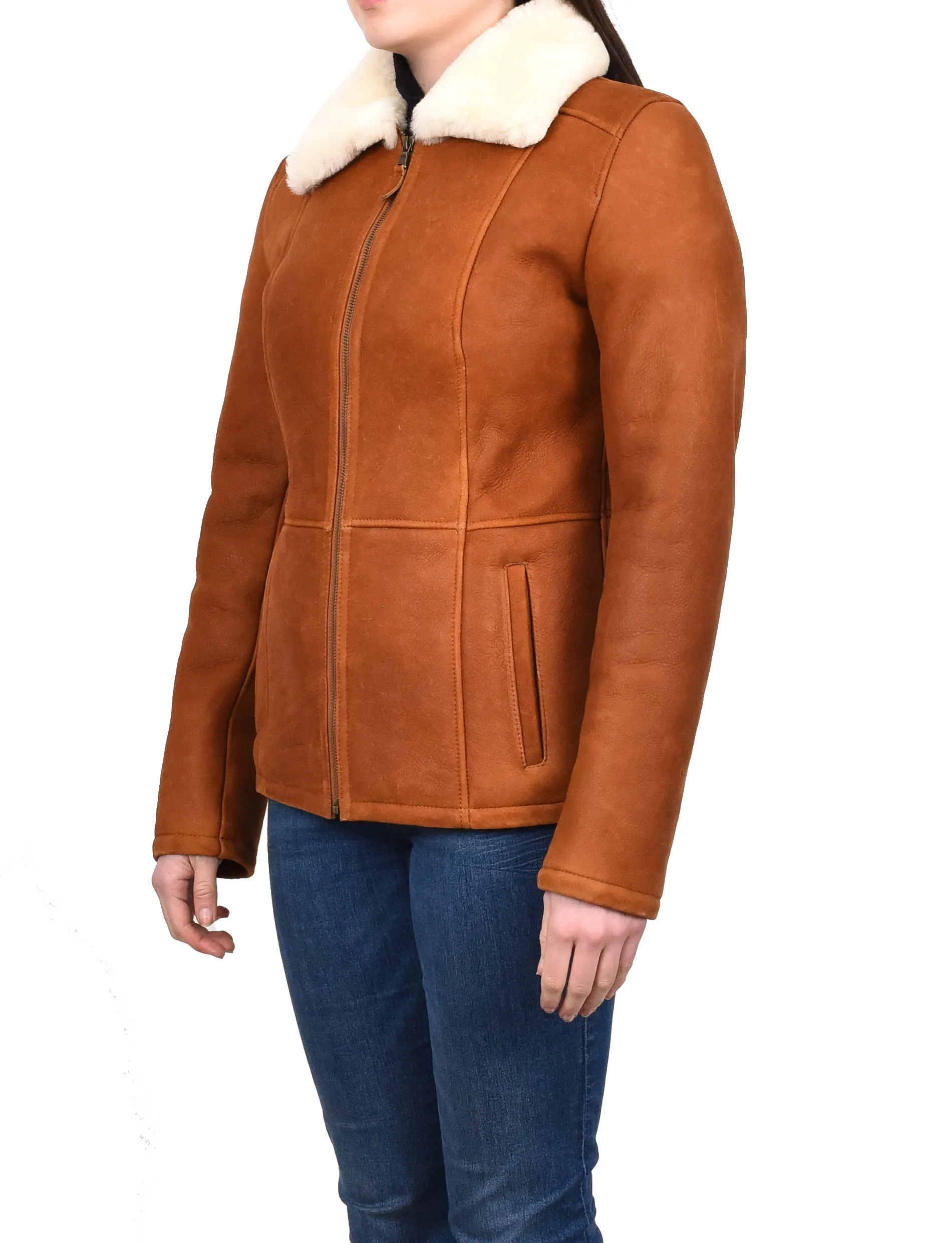 Women's Real Sheepskin Shearling Jacket Classic Design Whiskey Eula